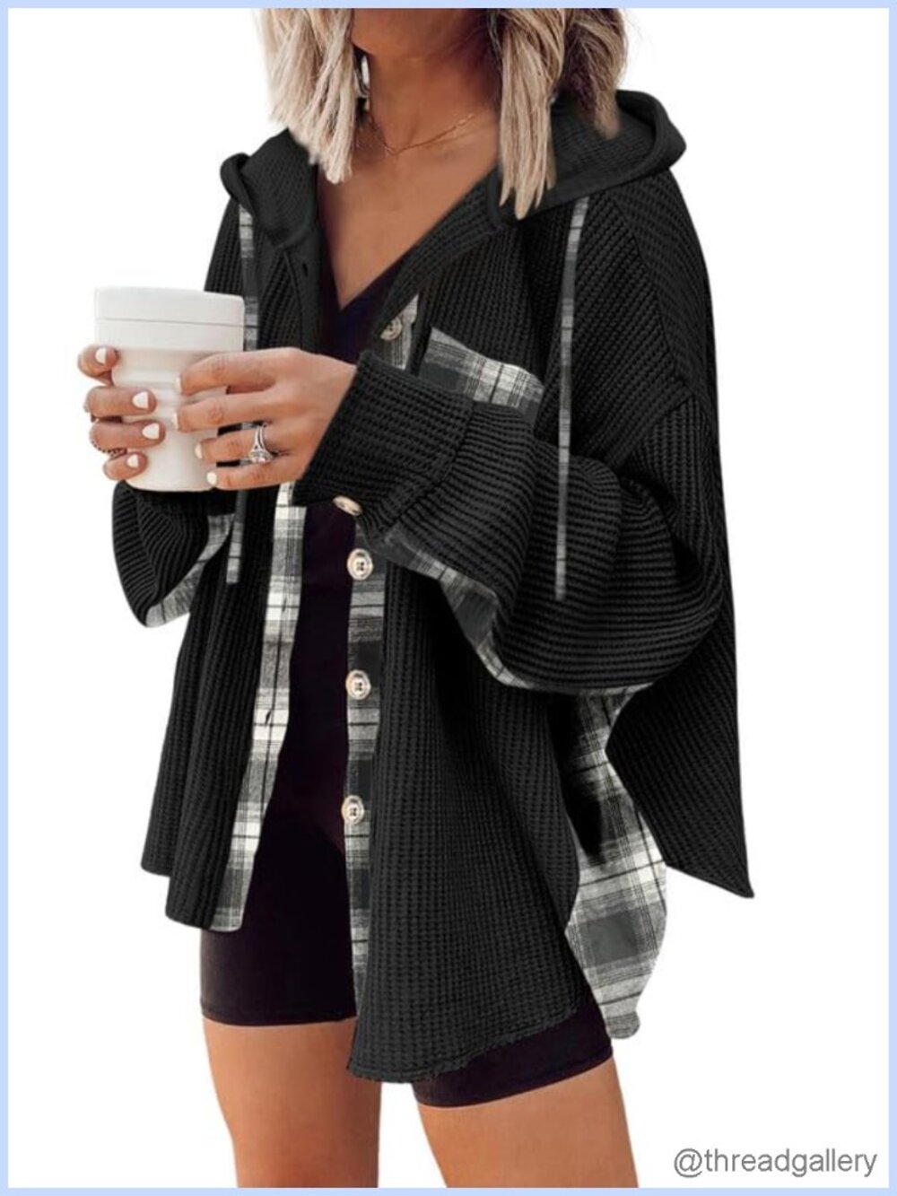 Waffle Knit Plaid Shacket Hooded Button Down Shirt Jacket Loose Fit